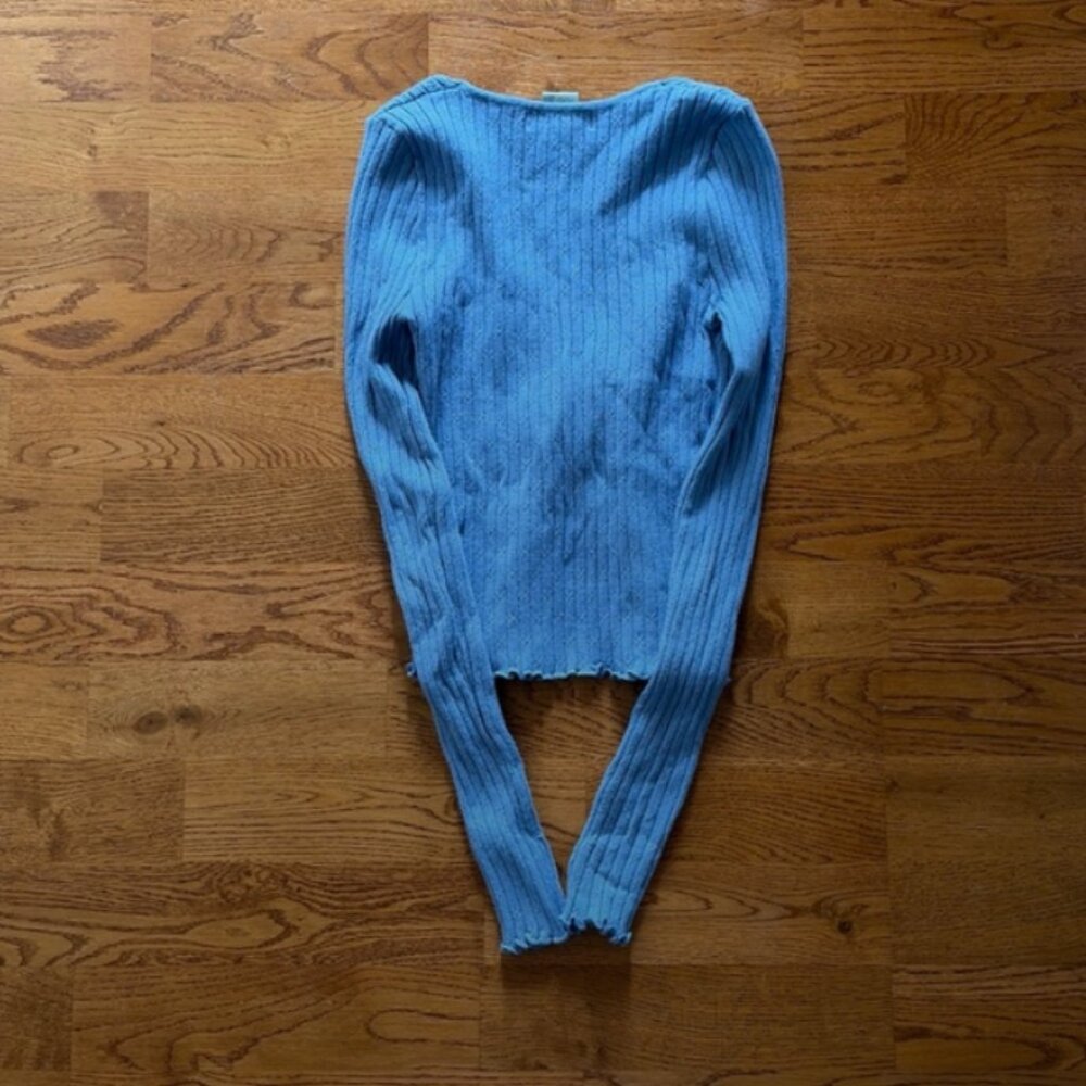 Sky & Sparrow Cardigan Sweater Women Knit Open Blue Tie Front Pointelle Ribbed - Picture 3 of 3